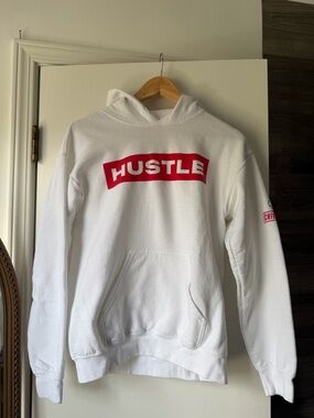 White HUSTLE Pullover Hoodie with Red Logo